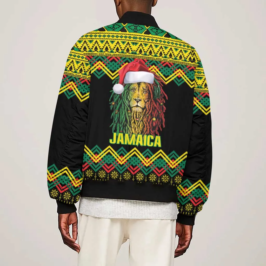 Black Jamaican Christmas Sleeve Zip Bomber Jacket Reggae Lion With Kente Pattern LT18