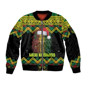 Black Jamaican Christmas Sleeve Zip Bomber Jacket Reggae Lion With Kente Pattern LT18