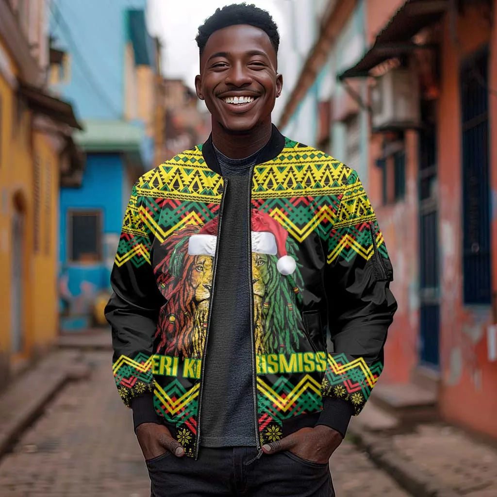 Black Jamaican Christmas Sleeve Zip Bomber Jacket Reggae Lion With Kente Pattern LT18
