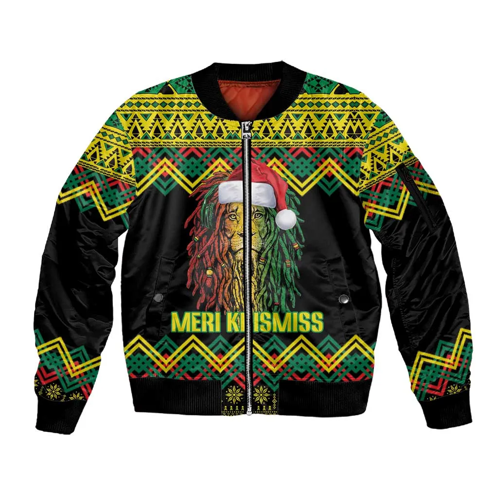 Black Jamaican Christmas Sleeve Zip Bomber Jacket Reggae Lion With Kente Pattern LT18