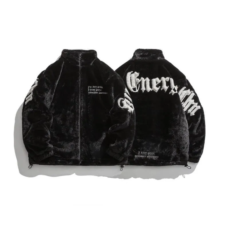 Black Plush Jacket with Embroidery
