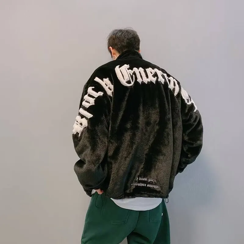 Black Plush Jacket with Embroidery