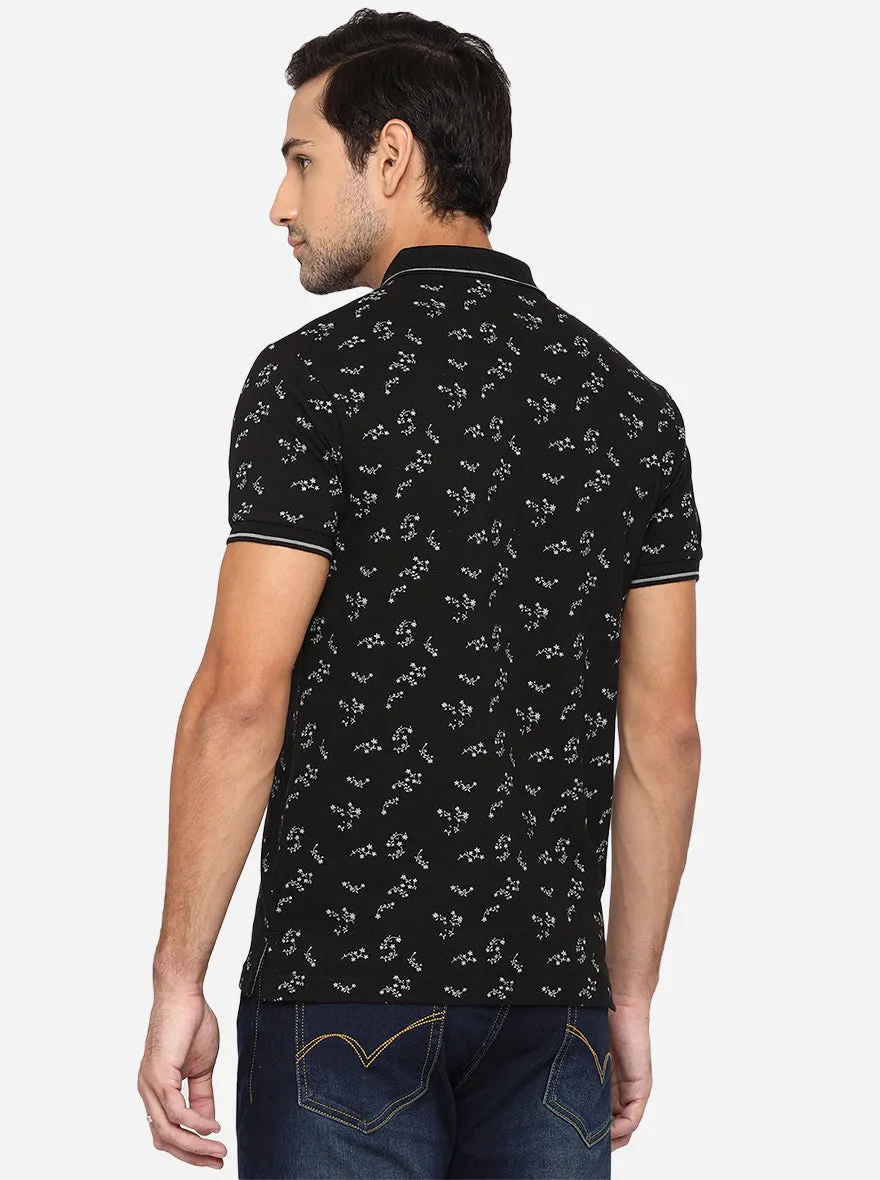 Black Printed Slim Fit Polo T-Shirt | Greenfibre