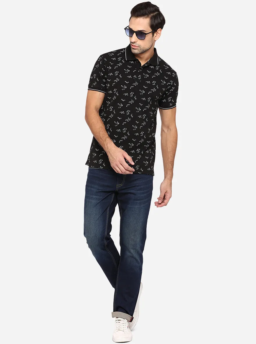 Black Printed Slim Fit Polo T-Shirt | Greenfibre