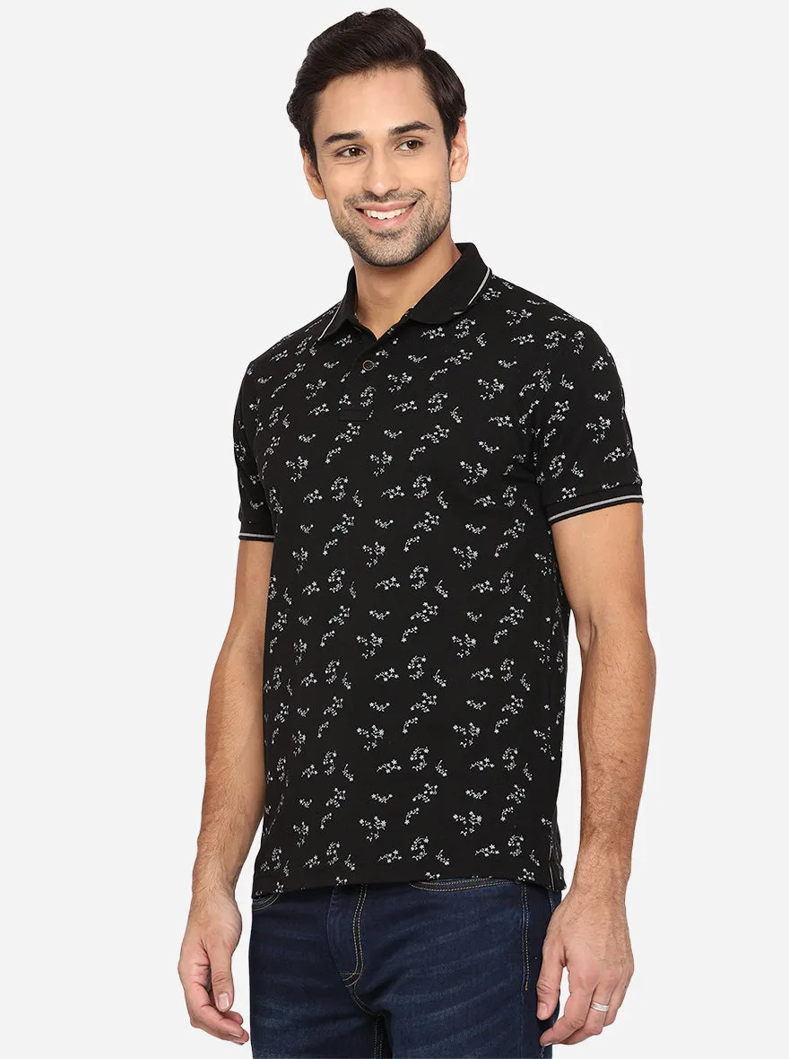 Black Printed Slim Fit Polo T-Shirt | Greenfibre