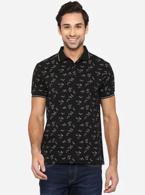 Black Printed Slim Fit Polo T-Shirt | Greenfibre