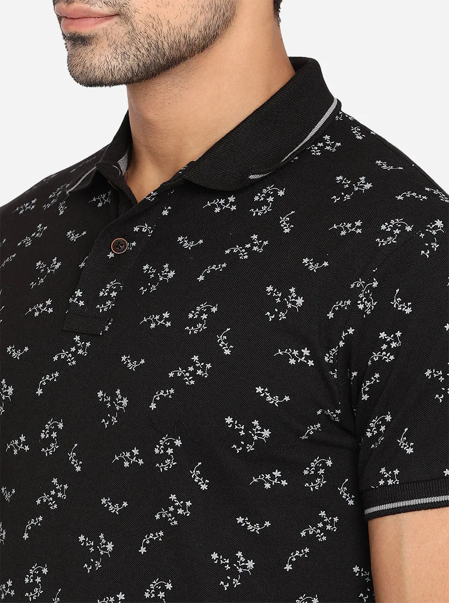 Black Printed Slim Fit Polo T-Shirt | Greenfibre