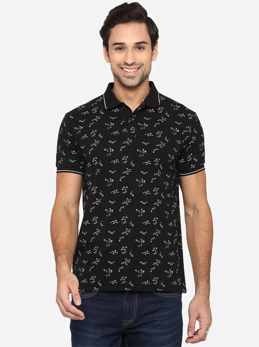 Black Printed Slim Fit Polo T-Shirt | Greenfibre