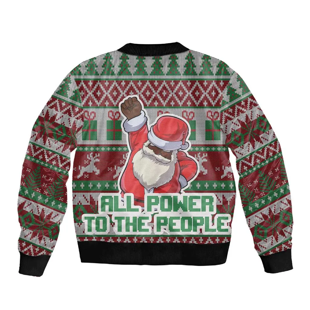 Black Santa Fist Christmas Africa Sleeve Zip Bomber Jacket All Power to the People DT03