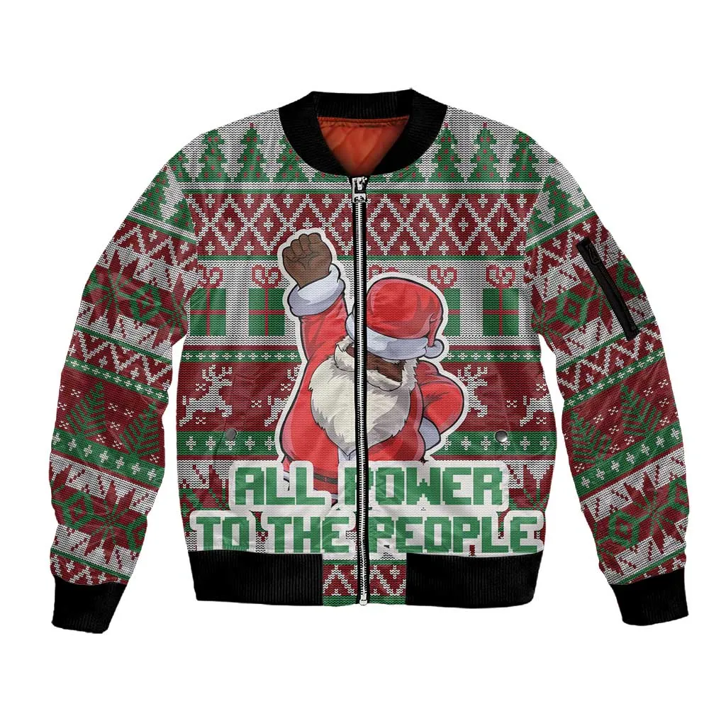 Black Santa Fist Christmas Africa Sleeve Zip Bomber Jacket All Power to the People DT03