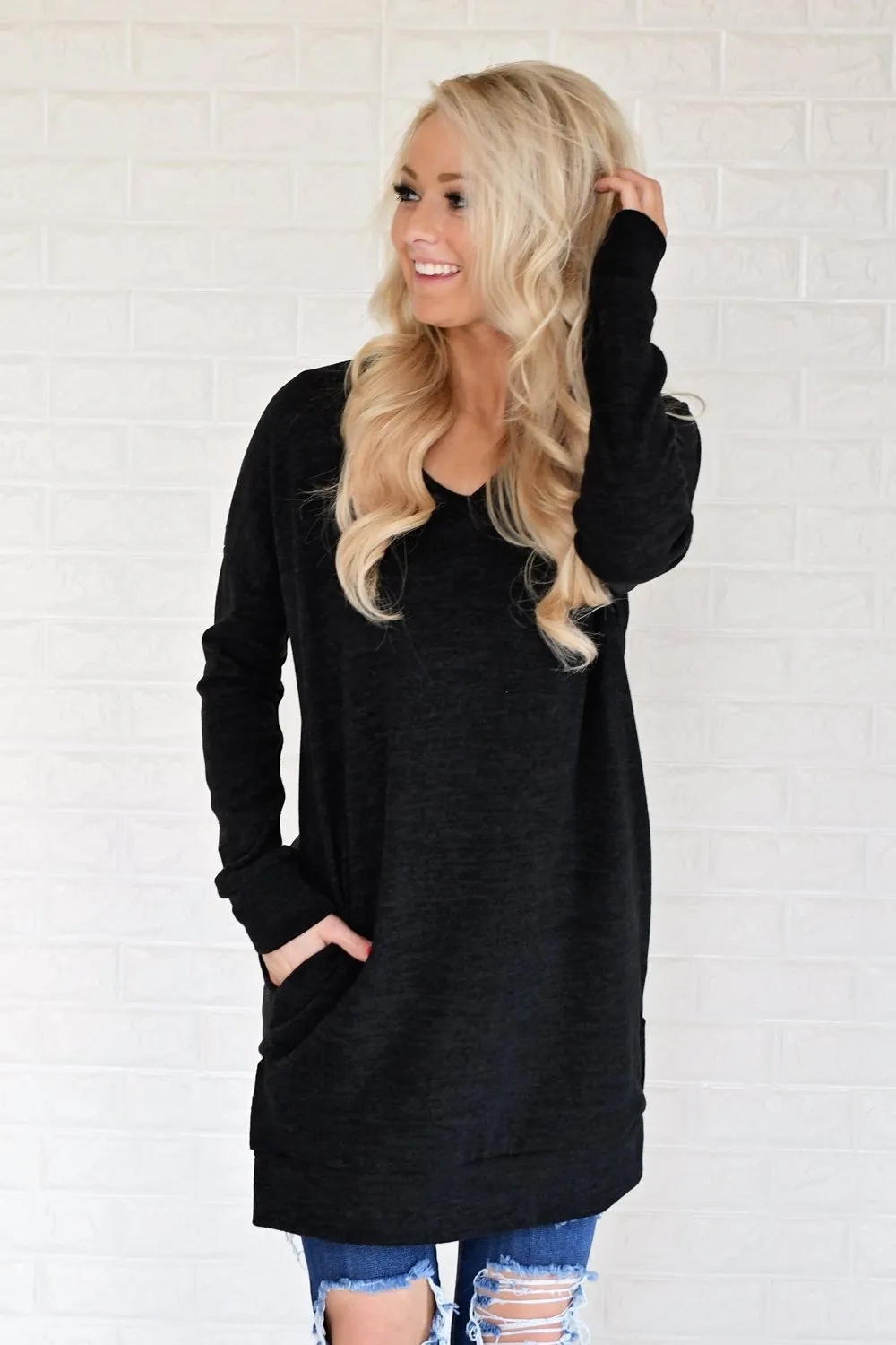 Black V-Neck Tunic Top