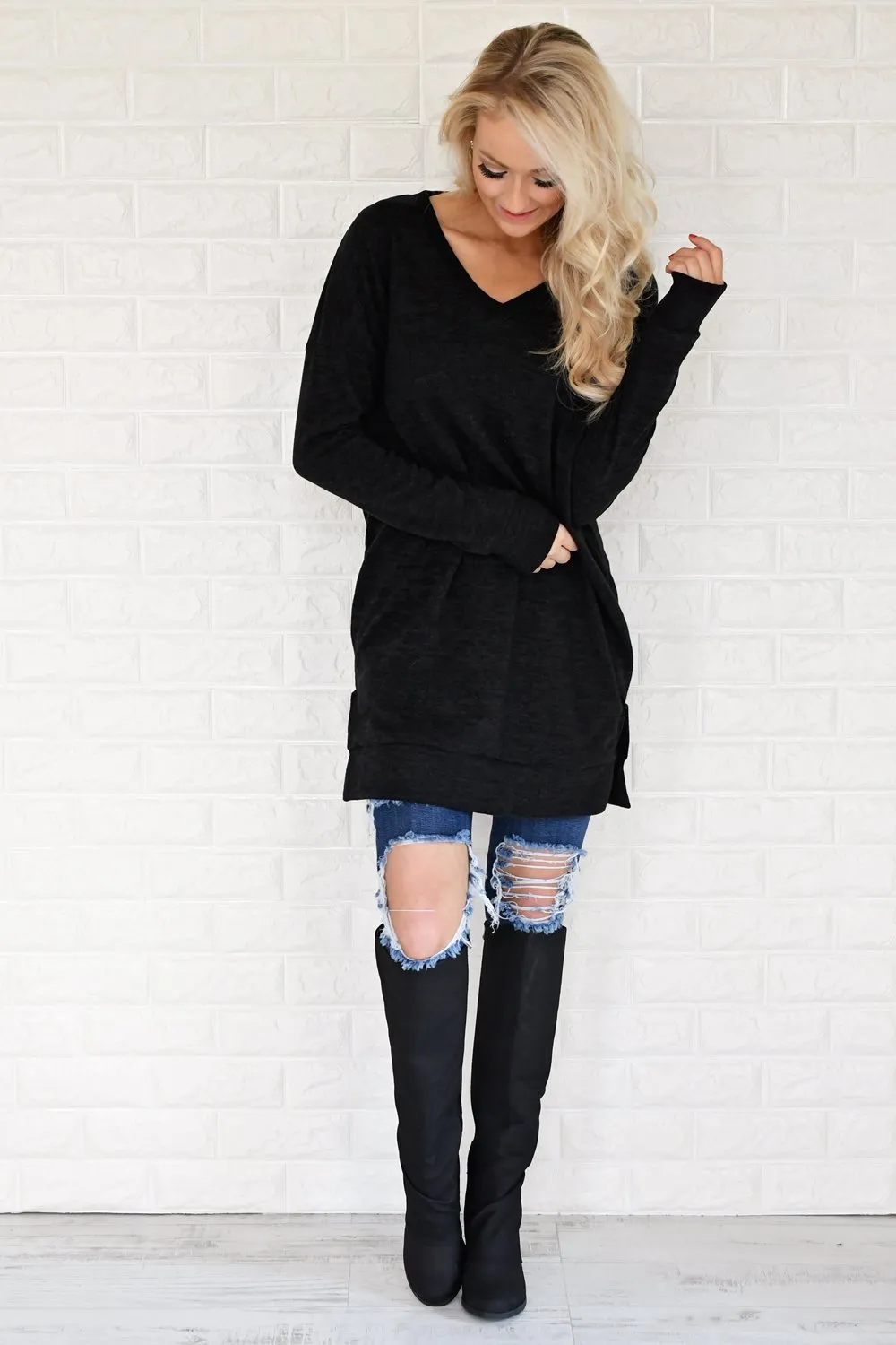 Black V-Neck Tunic Top