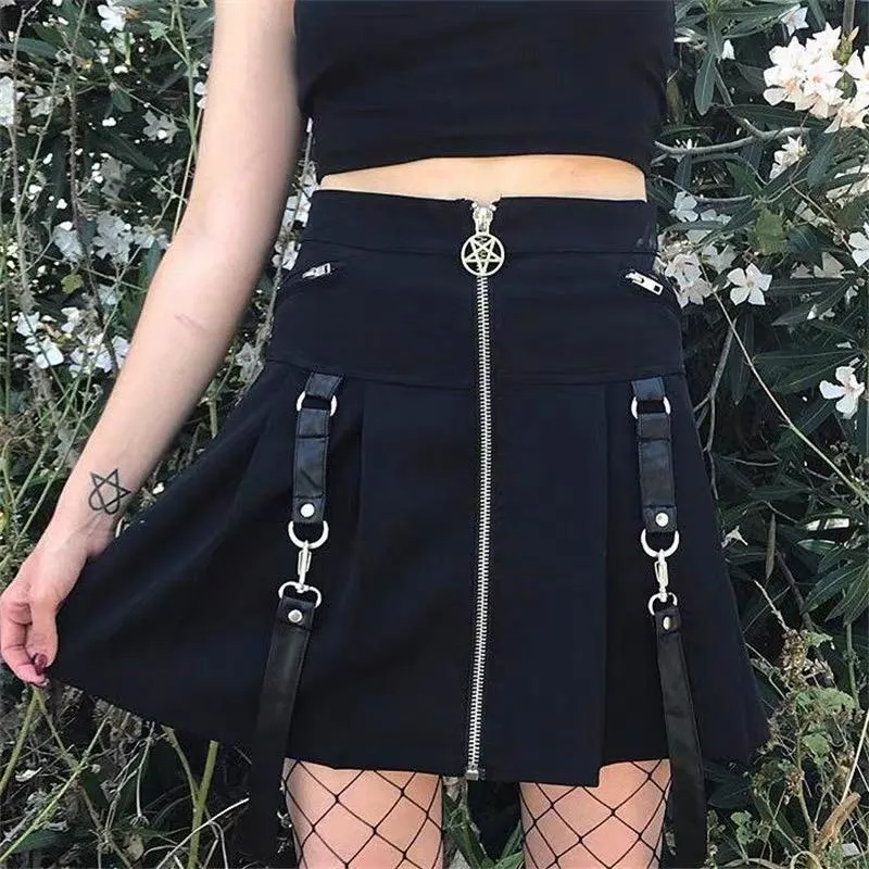 Black/Red Plaid Pentagram Zipper Skirt