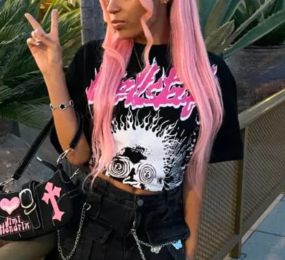 Bold Graphic Cartoon Print Cropped T-Shirt with Edgy Flair