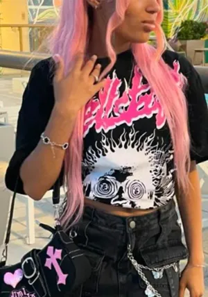 Bold Graphic Cartoon Print Cropped T-Shirt with Edgy Flair