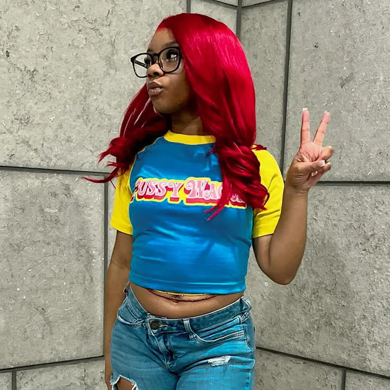 Bold Letter Print Contrast Sleeve Cropped T-Shirt