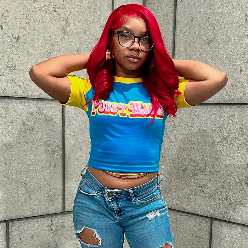 Bold Letter Print Contrast Sleeve Cropped T-Shirt