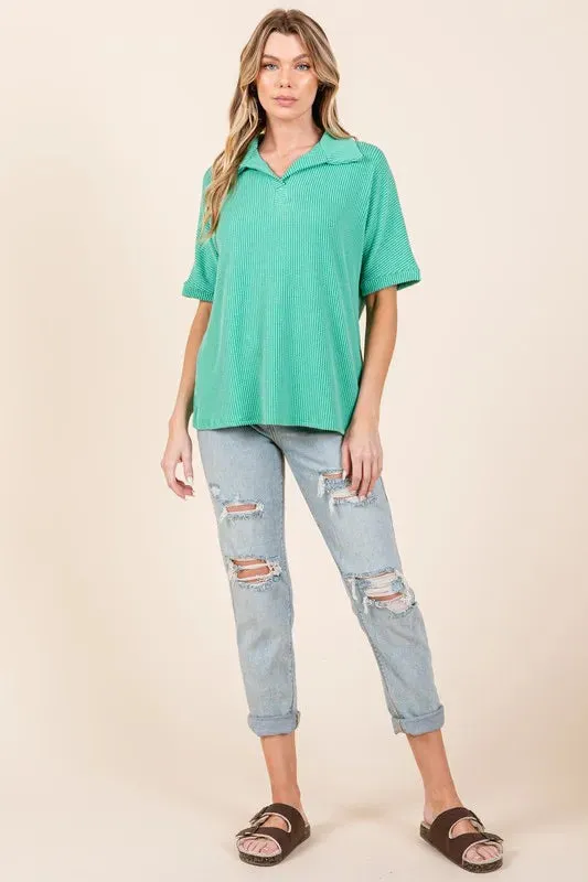 BOMBOM Ribbed Collared Neck Top