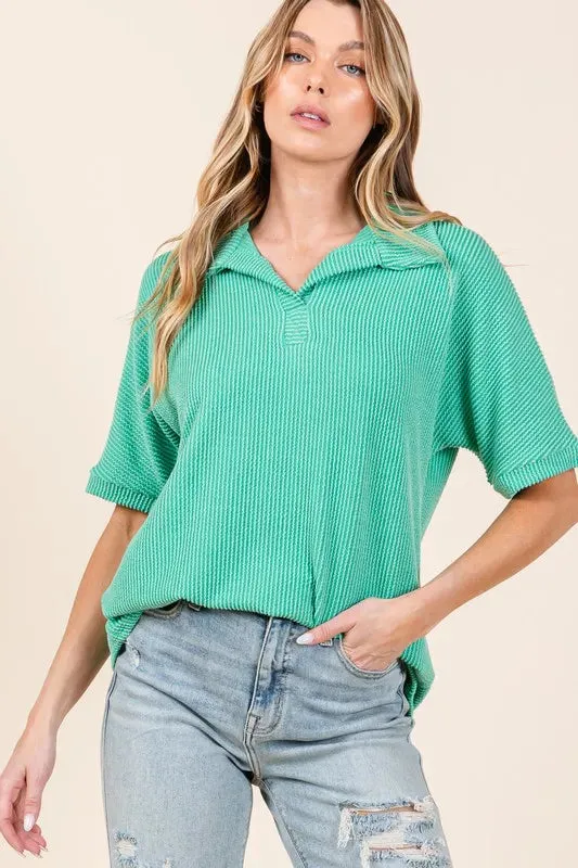 BOMBOM Ribbed Collared Neck Top