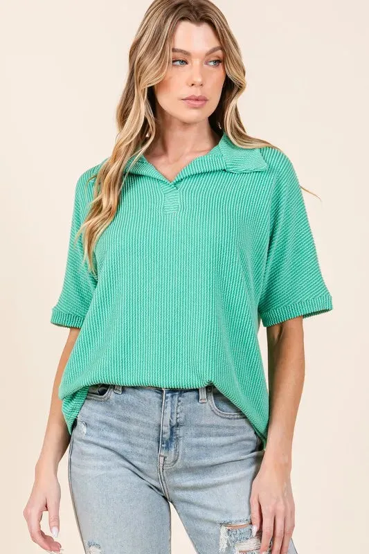 BOMBOM Ribbed Collared Neck Top