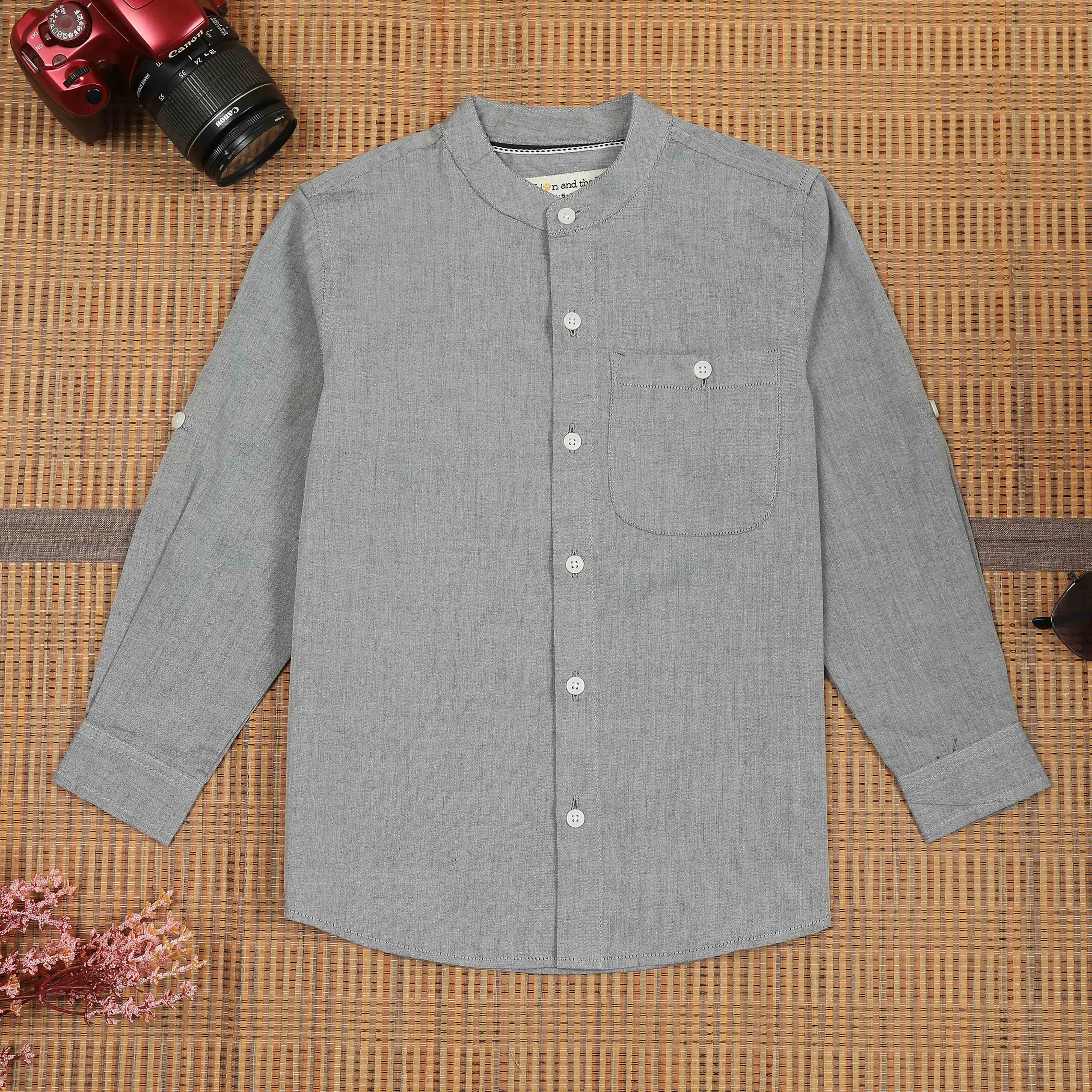 Boys Roll Up Sleeve Solid Shirt Cloud Grey