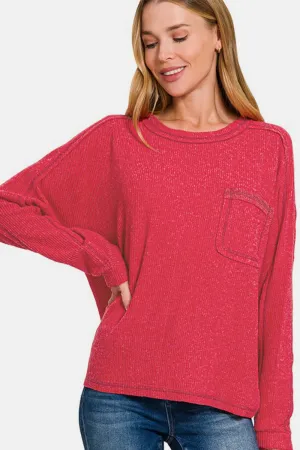 Brushed Hacci Ribbed Knit Top – Contrast Stitch Cozy Chic