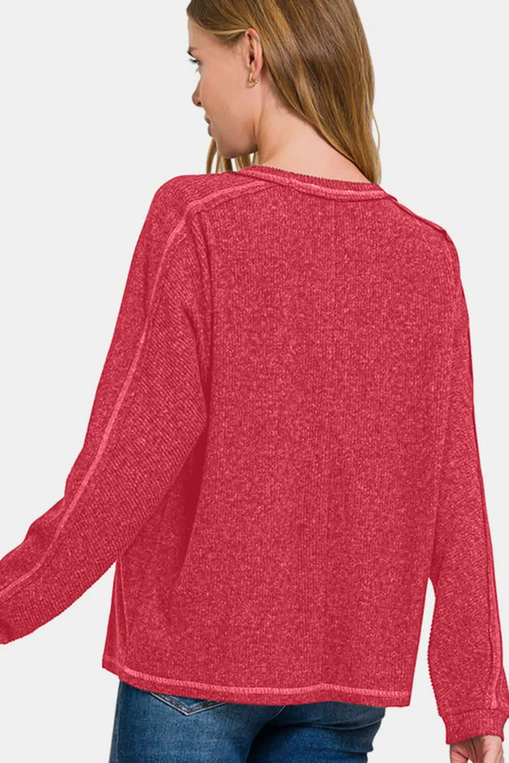 Brushed Hacci Ribbed Knit Top – Contrast Stitch Cozy Chic