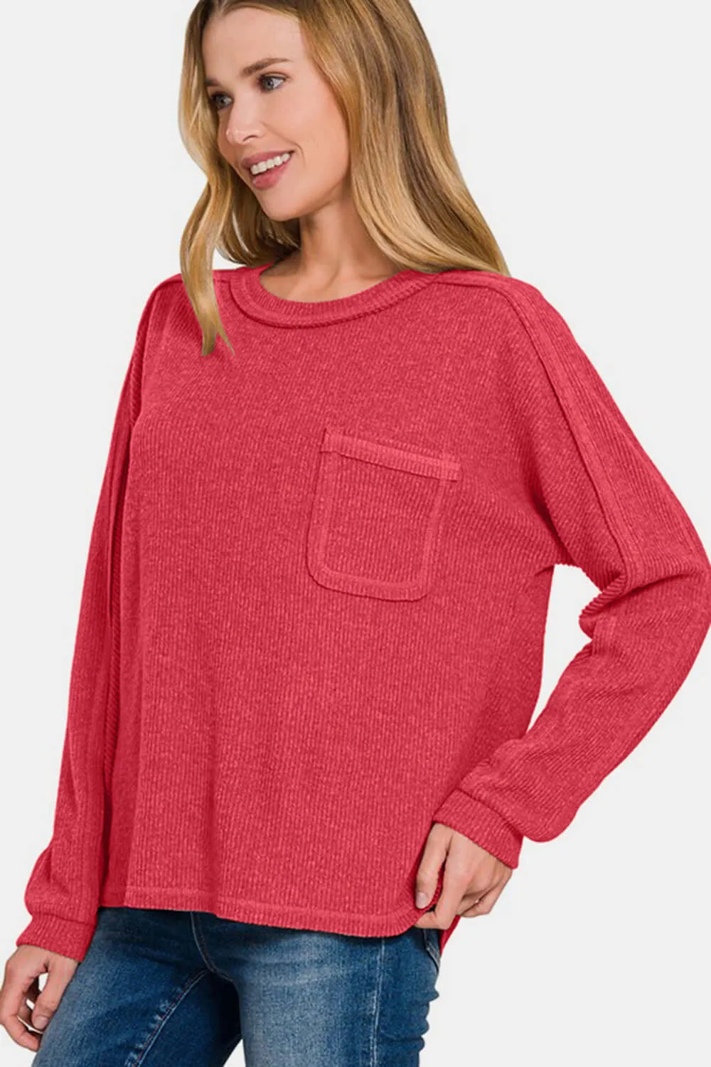 Brushed Hacci Ribbed Knit Top – Contrast Stitch Cozy Chic