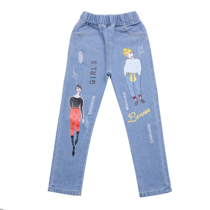 Cartoon Elastic Waist Denim Pants Jeans for Girls 4-13T