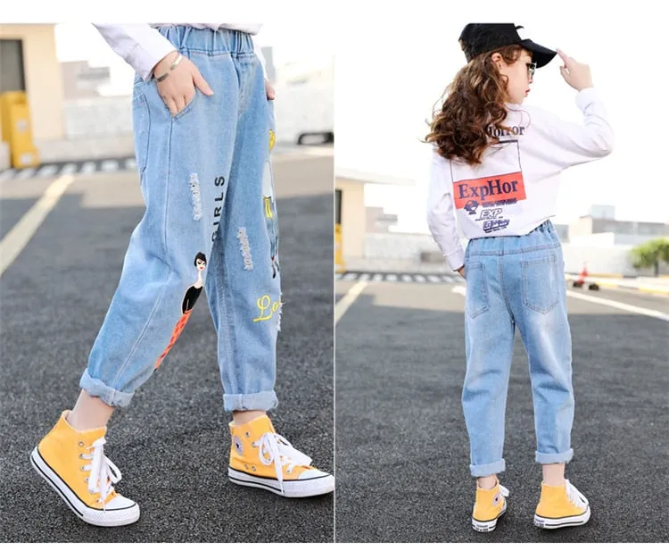 Cartoon Elastic Waist Denim Pants Jeans for Girls 4-13T