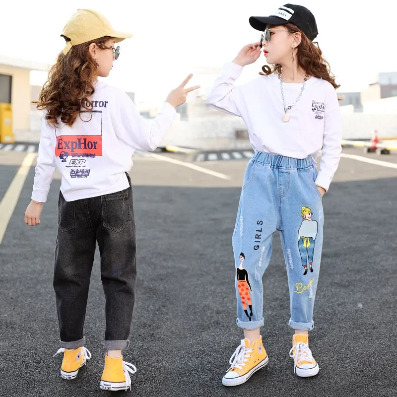 Cartoon Elastic Waist Denim Pants Jeans for Girls 4-13T