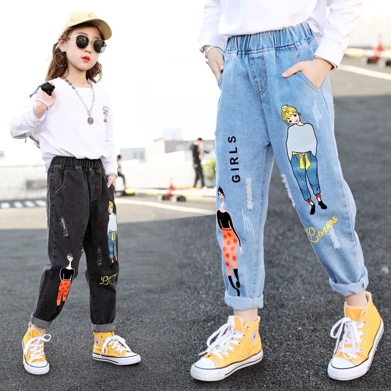 Cartoon Elastic Waist Denim Pants Jeans for Girls 4-13T