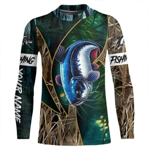 Catfish Fishing camo green Customize Name UV protection UPF 30  long sleeves fishing shirt for kid NPQ37