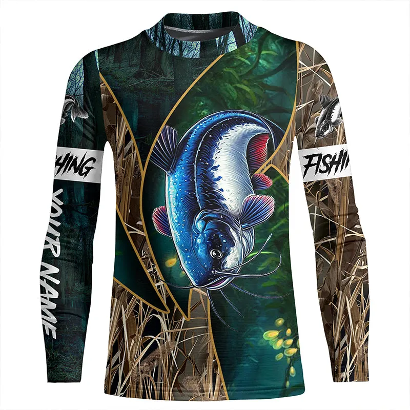 Catfish Fishing camo green Customize Name UV protection UPF 30  long sleeves fishing shirt for kid NPQ37