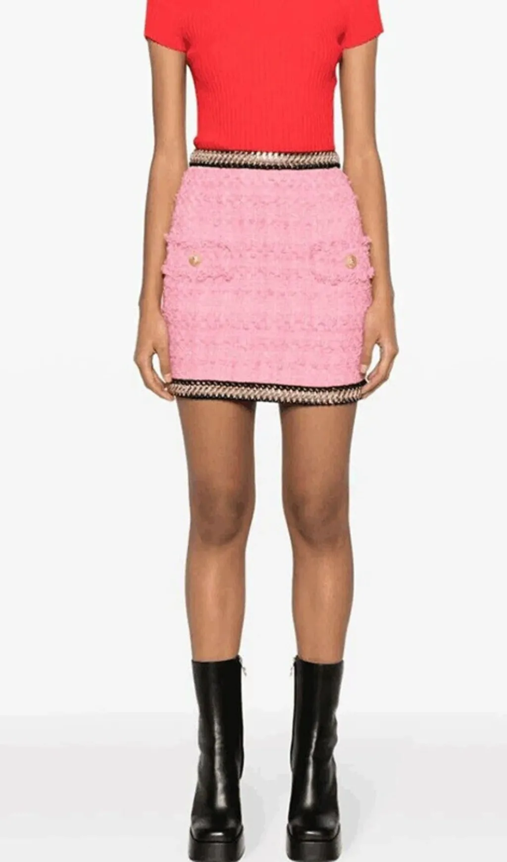 CHAIN-EMBELLISHED TWEED MINI SKIRT IN PINK