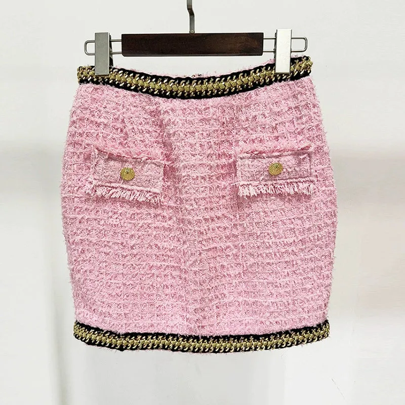 CHAIN-EMBELLISHED TWEED MINI SKIRT IN PINK