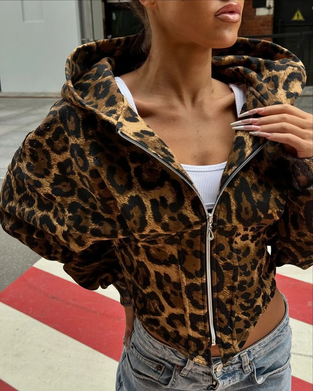 Chic Leopard Patchwork Zipper Hoodie for Bold Street Style