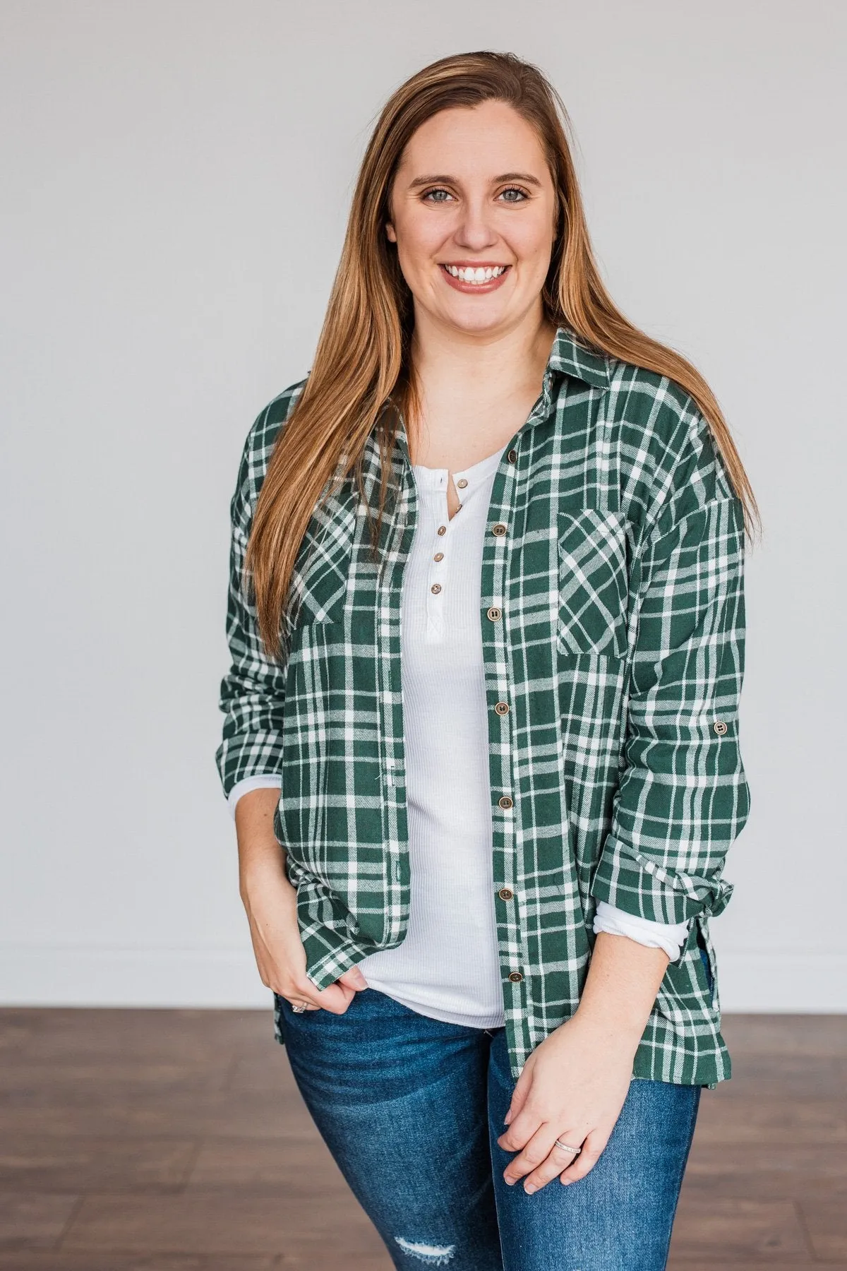 Chilly Nights Plaid Top- Hunter Green