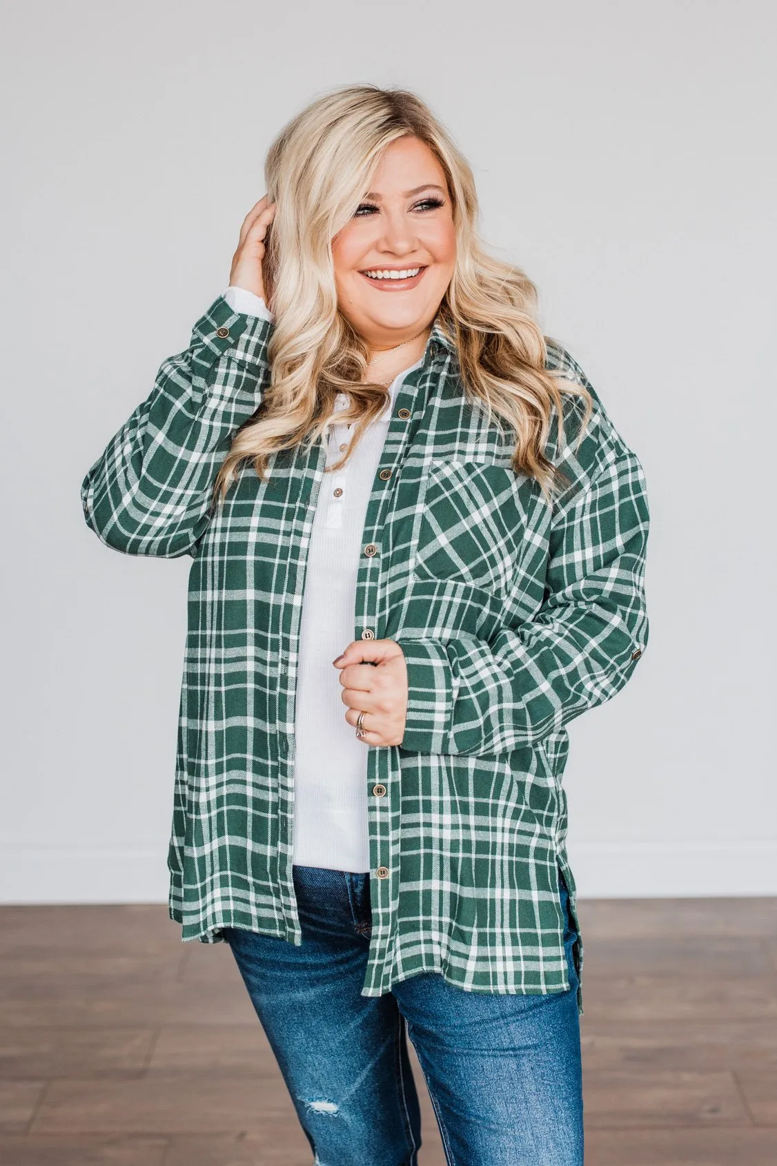 Chilly Nights Plaid Top- Hunter Green