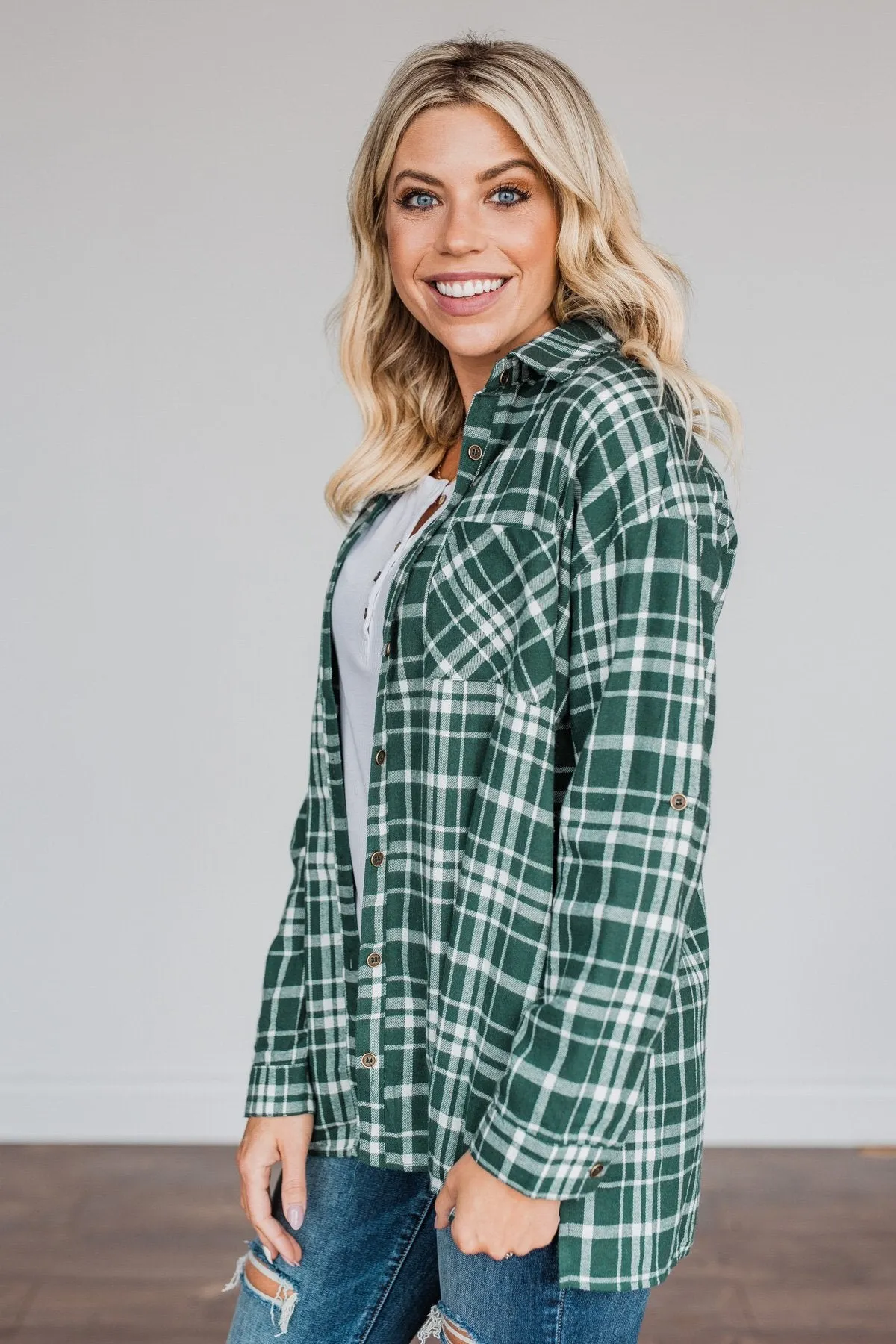 Chilly Nights Plaid Top- Hunter Green