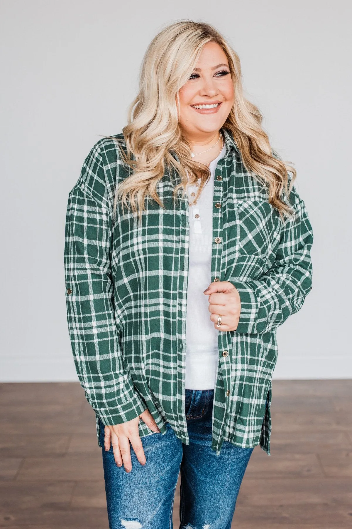 Chilly Nights Plaid Top- Hunter Green