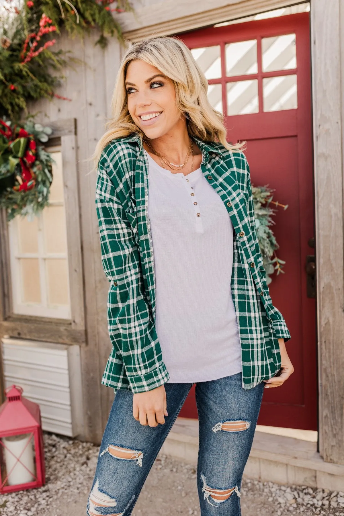 Chilly Nights Plaid Top- Hunter Green