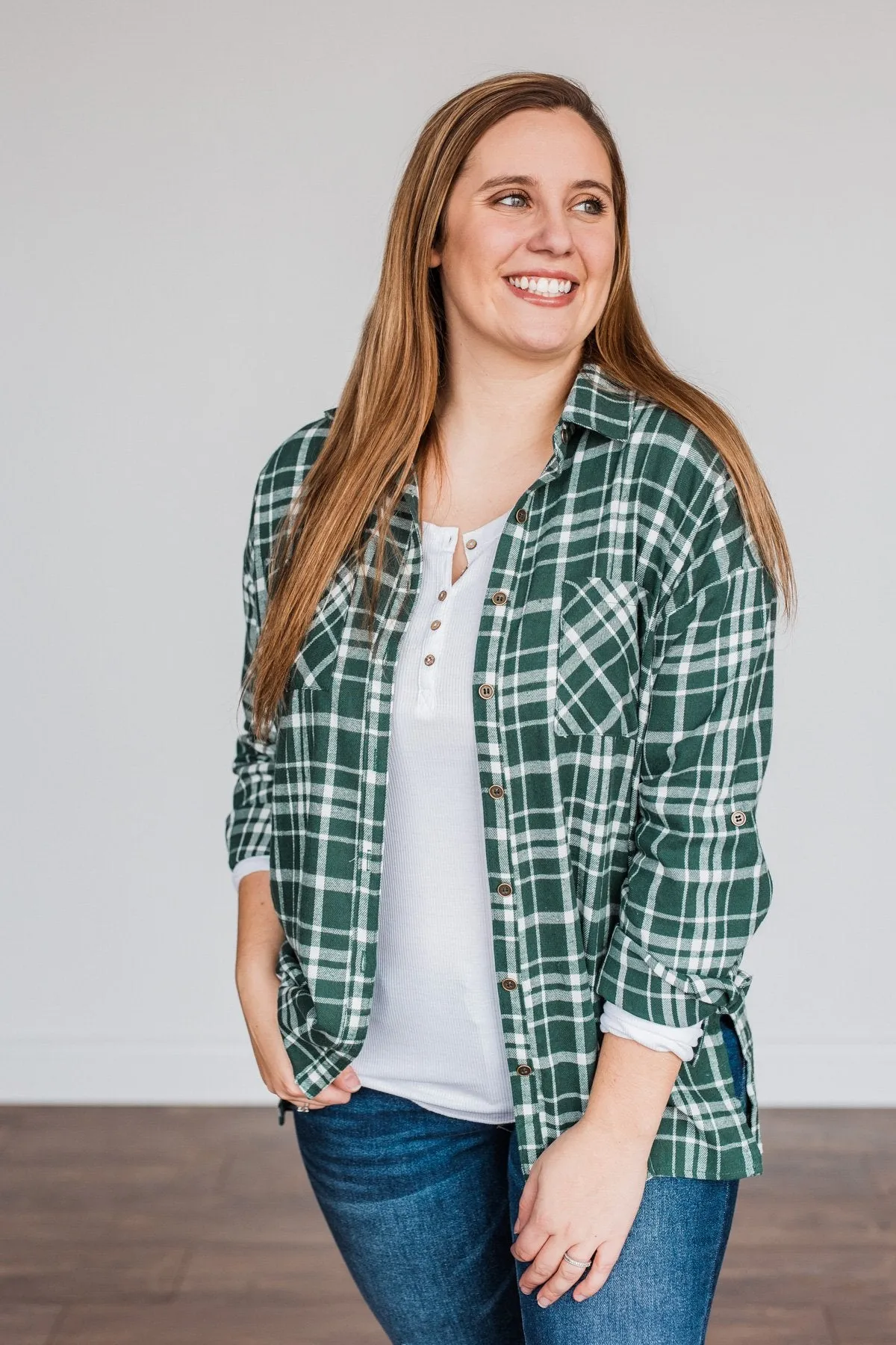 Chilly Nights Plaid Top- Hunter Green
