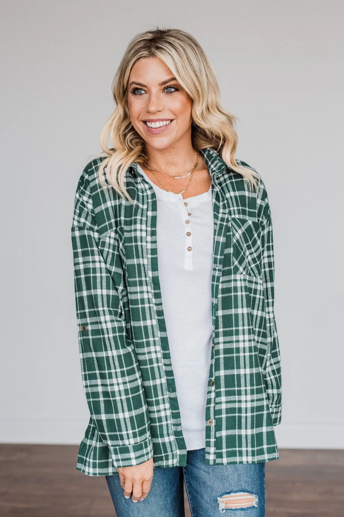 Chilly Nights Plaid Top- Hunter Green