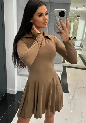 Classic Long Sleeve Turndown Collar Ruffle Hem Skater Dress