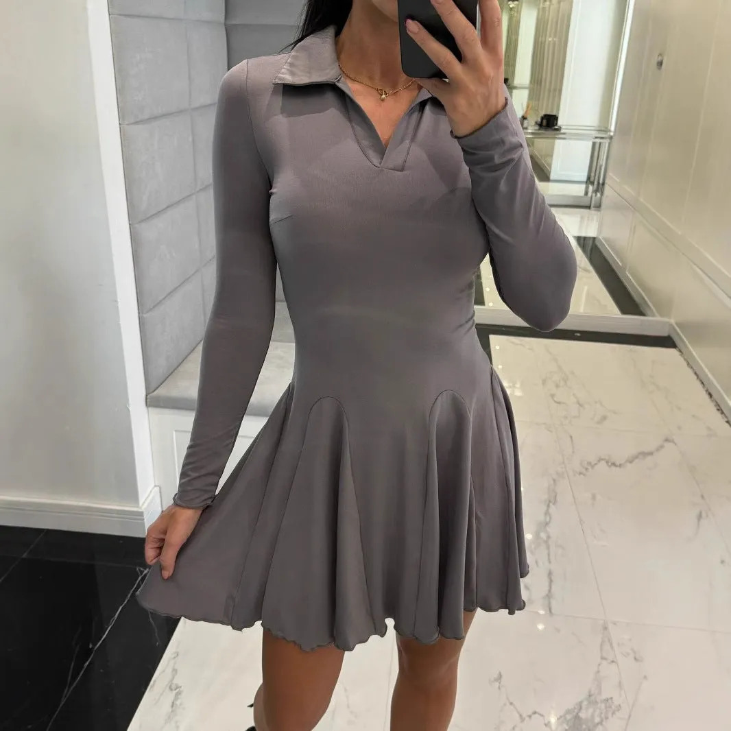 Classic Long Sleeve Turndown Collar Ruffle Hem Skater Dress