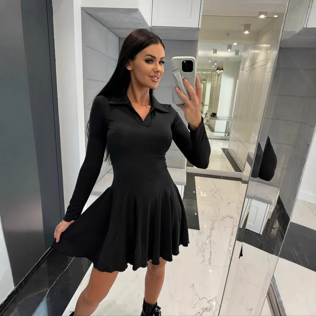 Classic Long Sleeve Turndown Collar Ruffle Hem Skater Dress