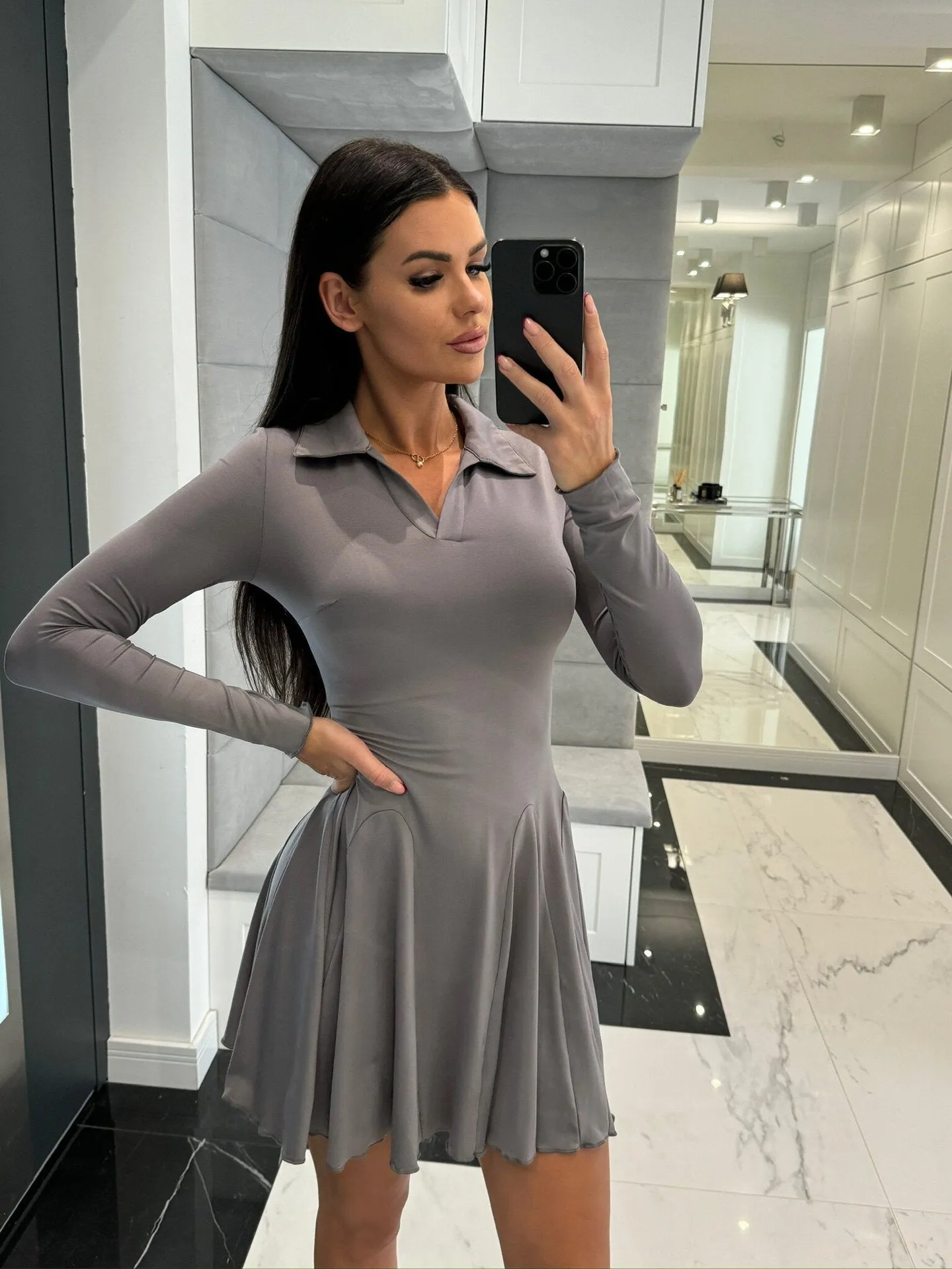 Classic Long Sleeve Turndown Collar Ruffle Hem Skater Dress