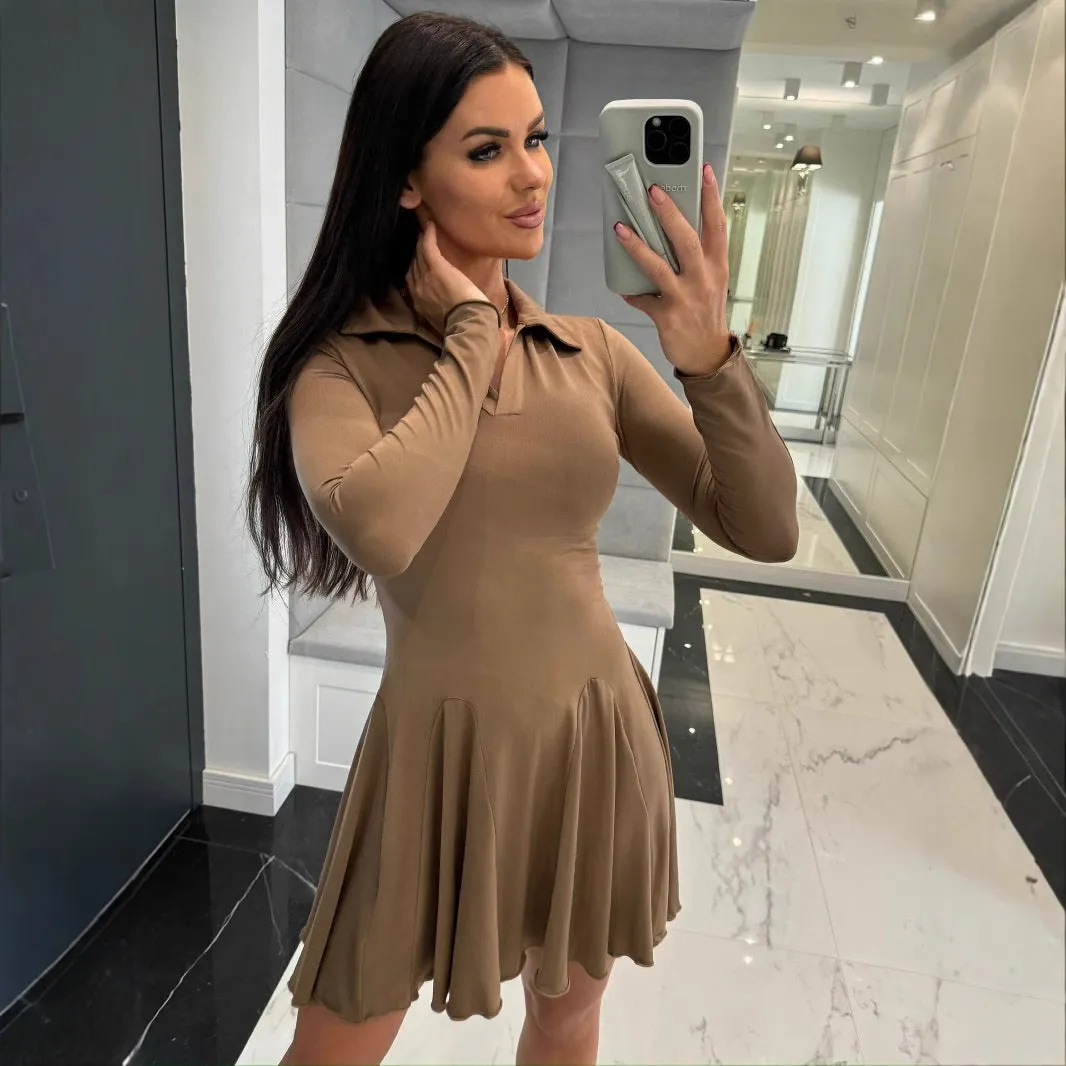 Classic Long Sleeve Turndown Collar Ruffle Hem Skater Dress