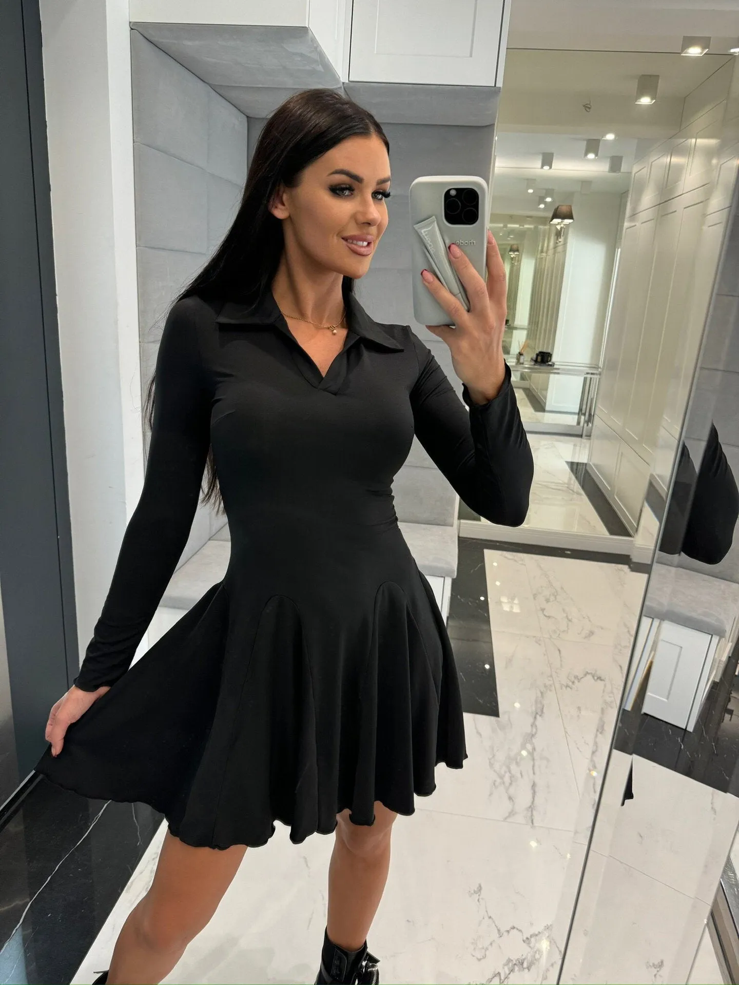Classic Long Sleeve Turndown Collar Ruffle Hem Skater Dress